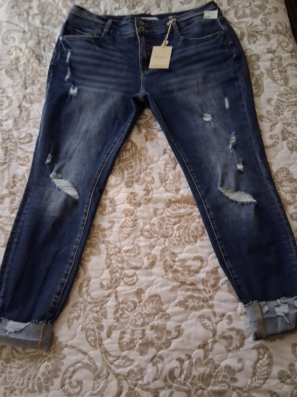 KanCan Curvy Mid Rise Ripped Cuffed Hem Skinny Jeans Distressed Dark Blue